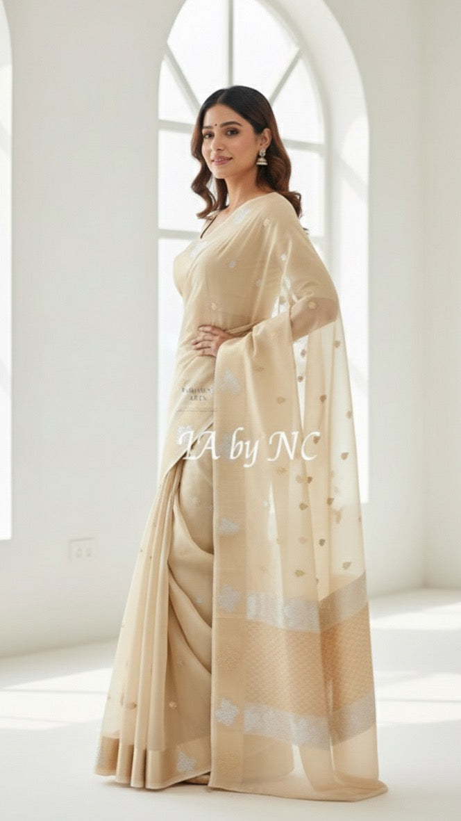 Beige Banarasi Pure Kora Silk Kadwa Saree