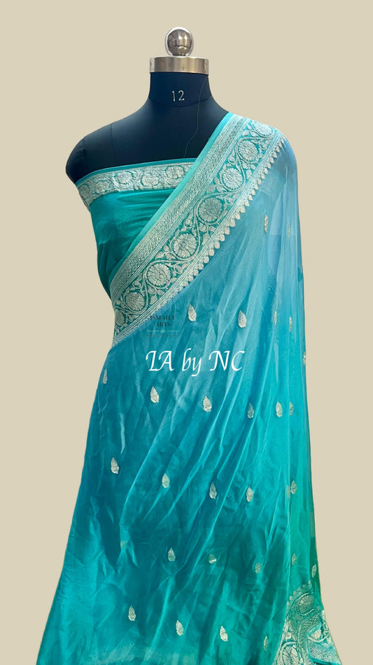 Turquoise Banarasi Pure Khaddi Georgette Kadwa Saree