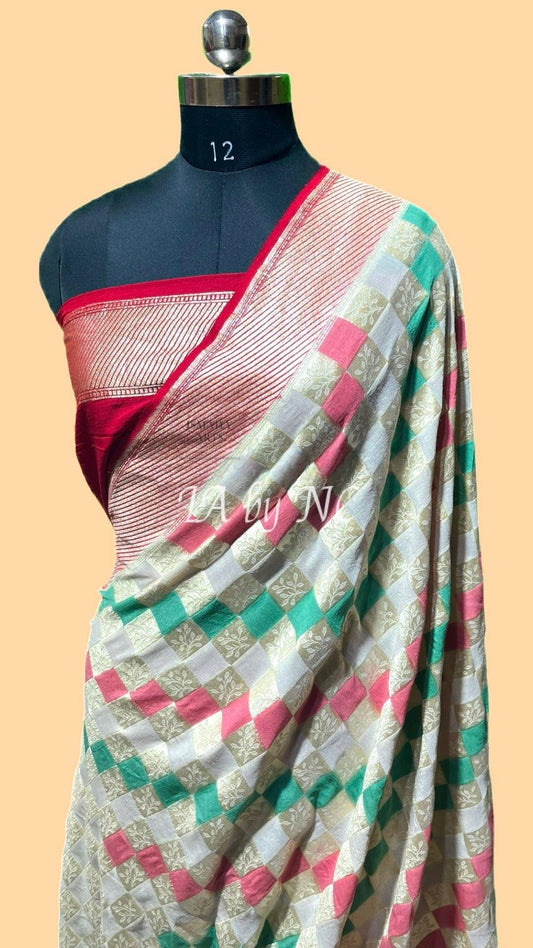 Off-white Banarasi Pure Khaddi Munga Saree