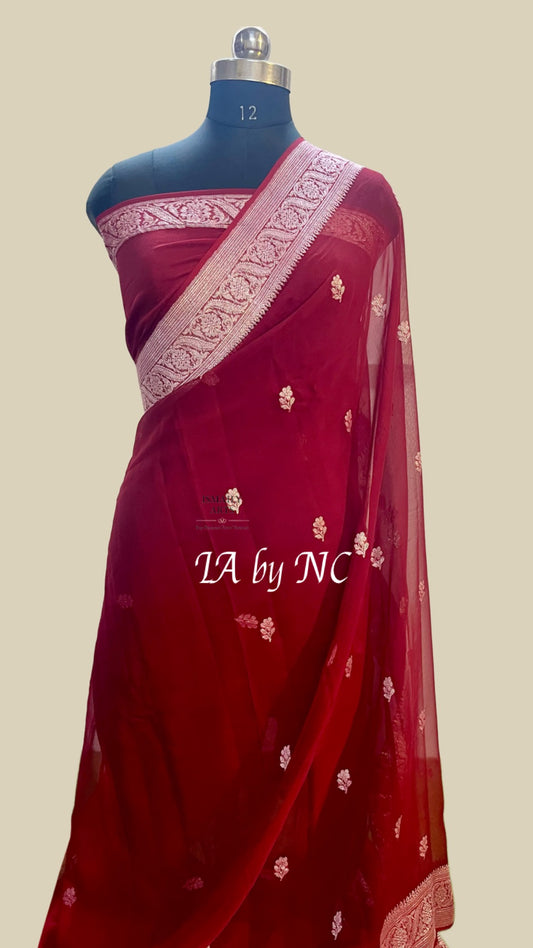 Carmine Banarasi Pure Khaddi Georgette Kadwa Saree