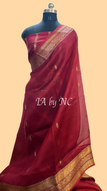 Carmine Banarasi Pure Kora Organza Kadwa Saree