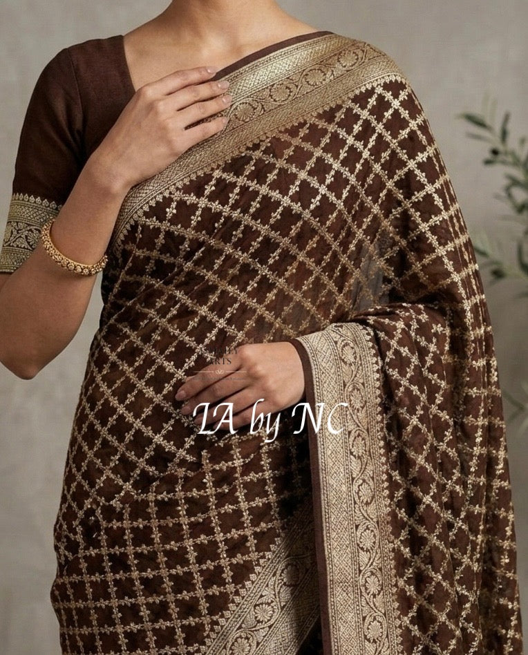 Walnut Banarasi Pure Khaddi Georgette Saree