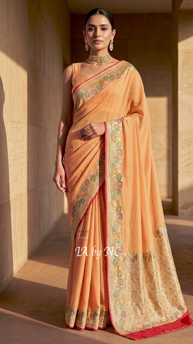 Peach Banarasi Pure Khaddi Georgette Saree