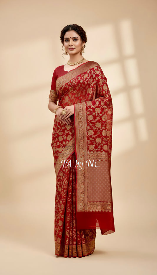 Carmine Banarasi Pure Khaddi Georgette Saree