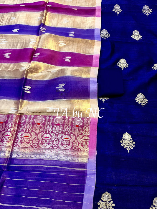Navy Banarasi Pure Raw Silk Kadwa Dress Materials