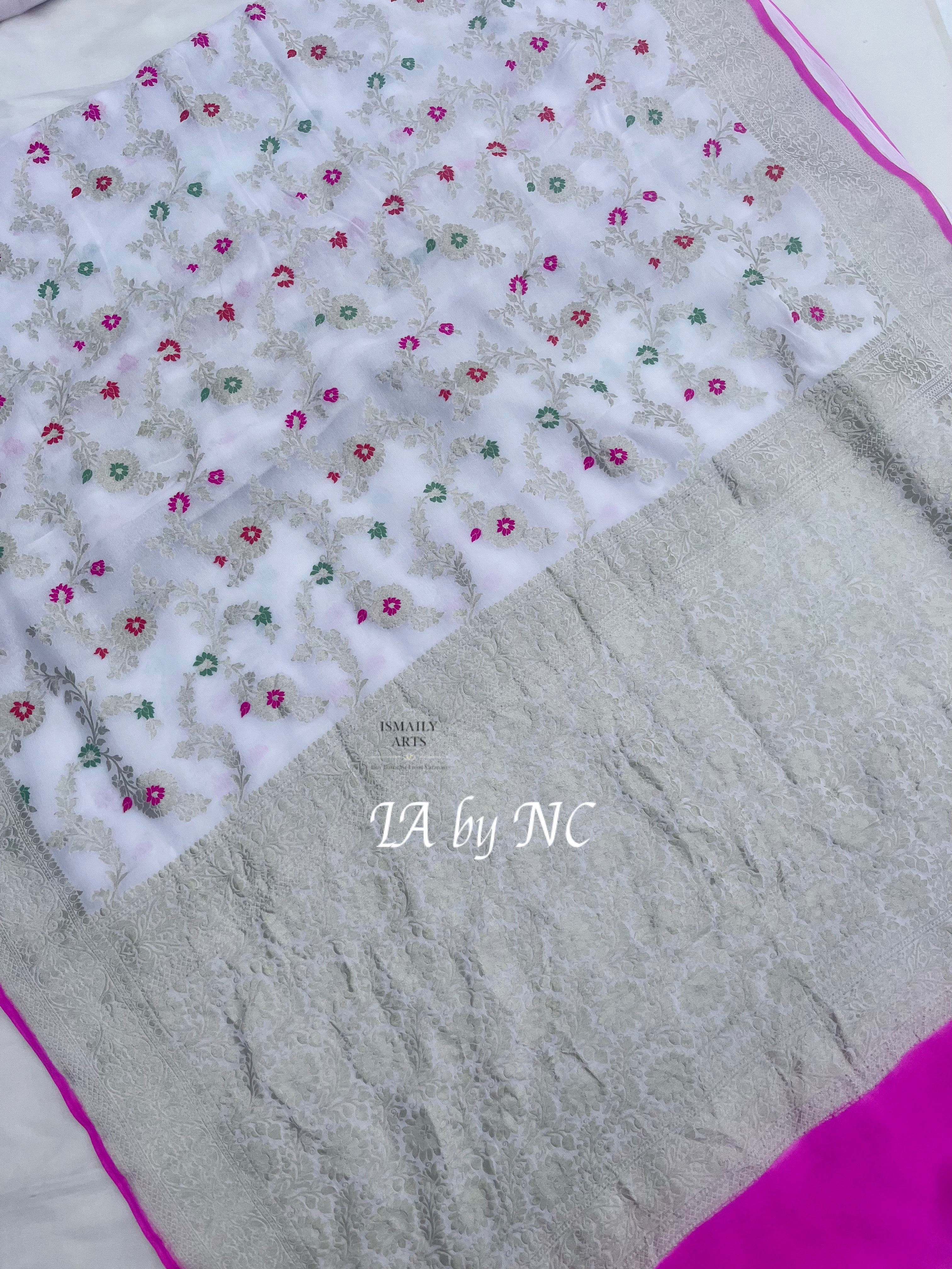 White Banarasi Pure Khaddi Georgette Meenakari Saree