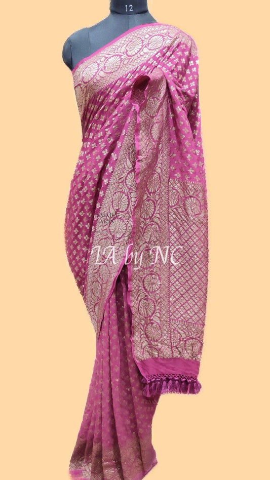 Fushcia Banarasi Pure Khaddi Georgette Saree