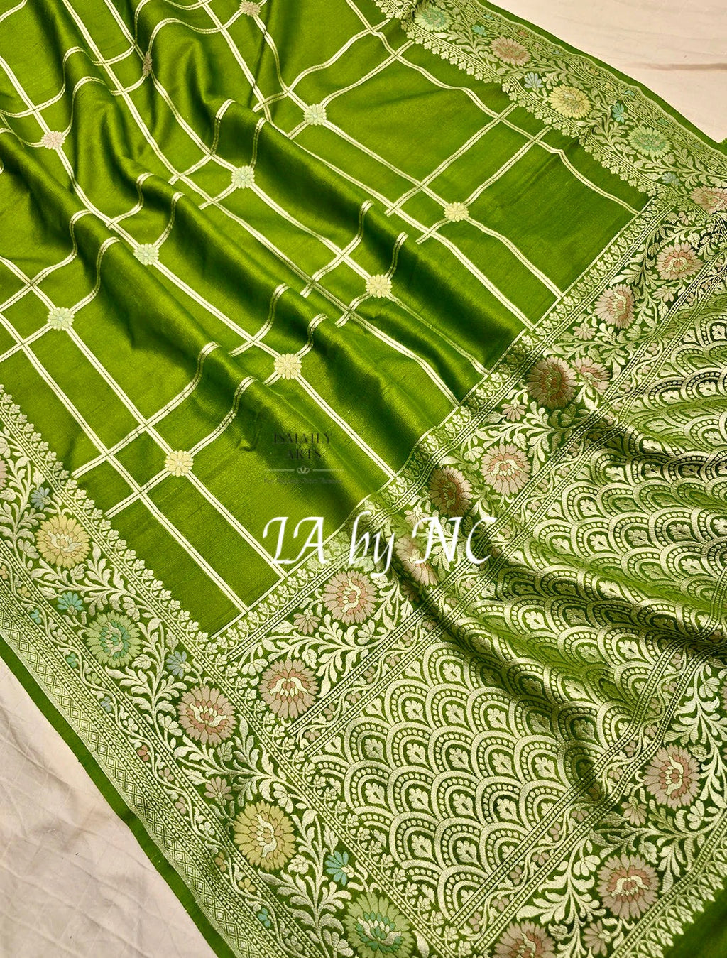 Avocado Banarasi Pure Khaddi Tussar Georgette Paithani Saree