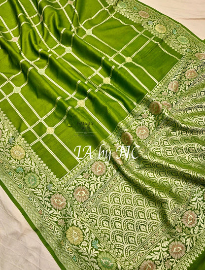 Avocado Banarasi Pure Khaddi Tussar Georgette Paithani Saree