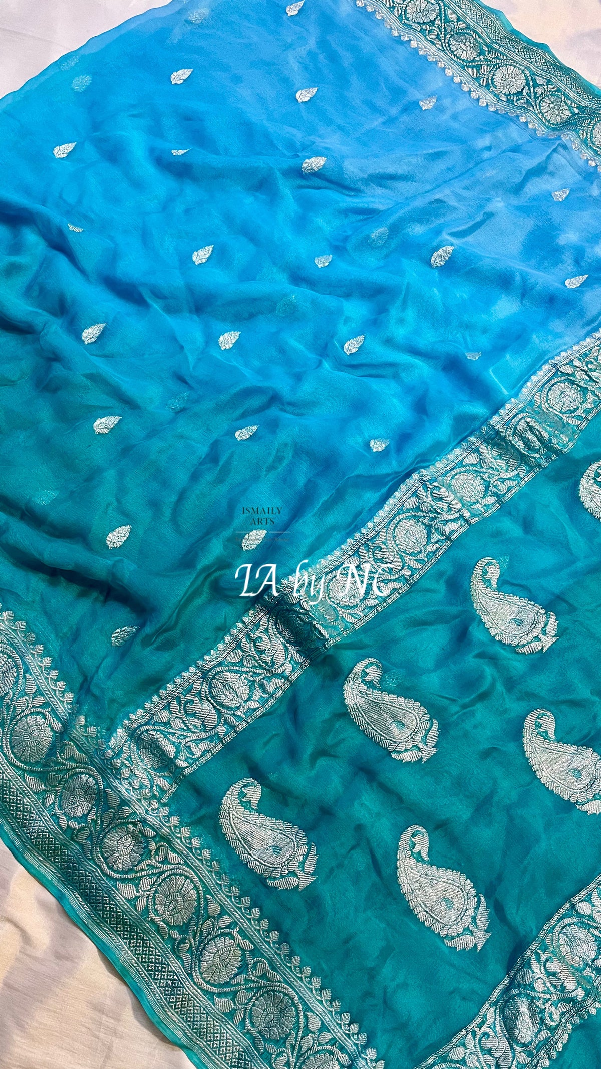 Turquoise Banarasi Pure Khaddi Georgette Kadwa Saree