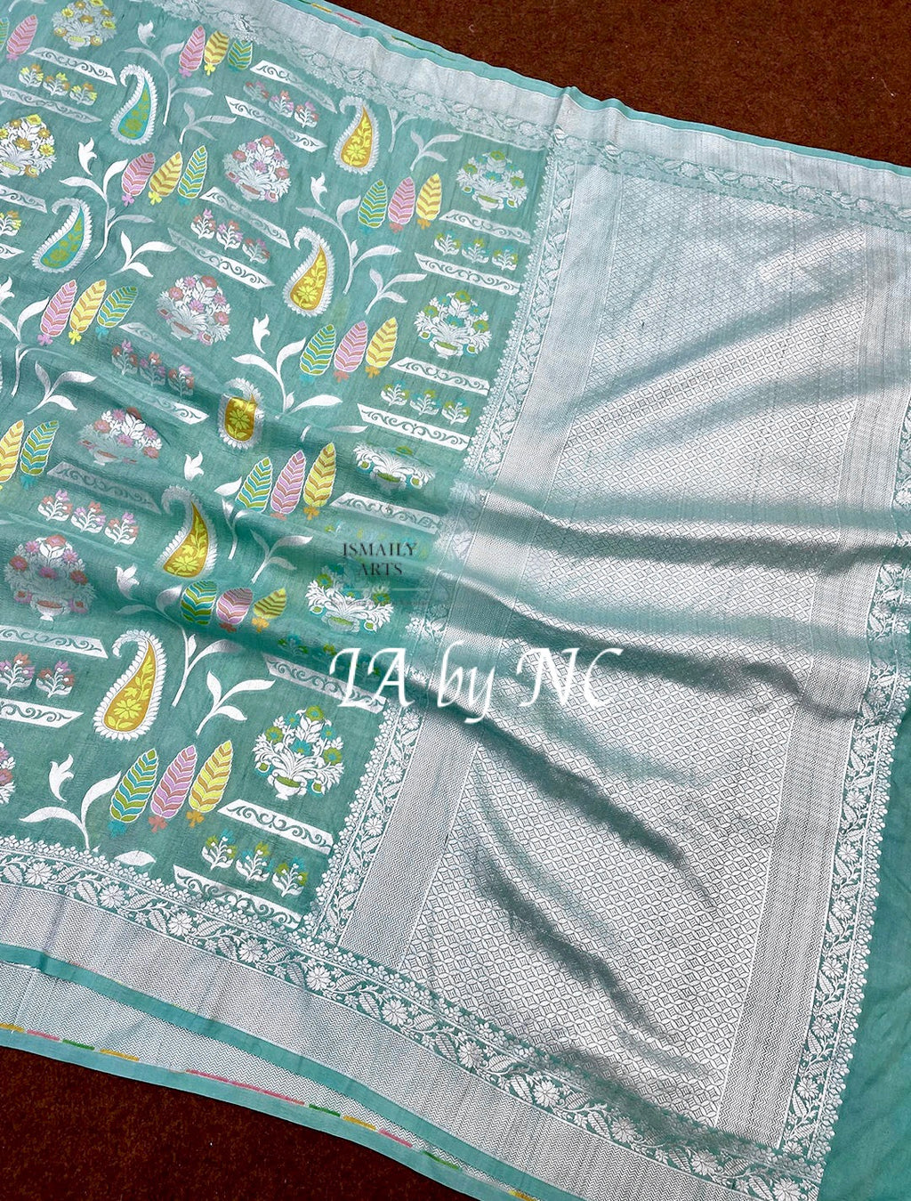 Turquoise Banarasi Pure Khaddi Tussar Georgette Meenakari Saree