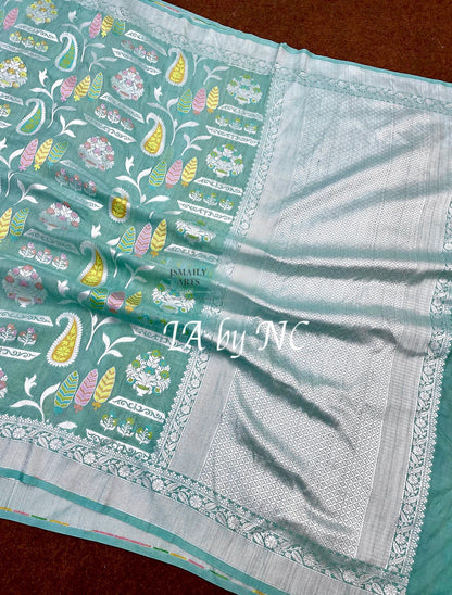 Turquoise Banarasi Pure Khaddi Tussar Georgette Meenakari Saree