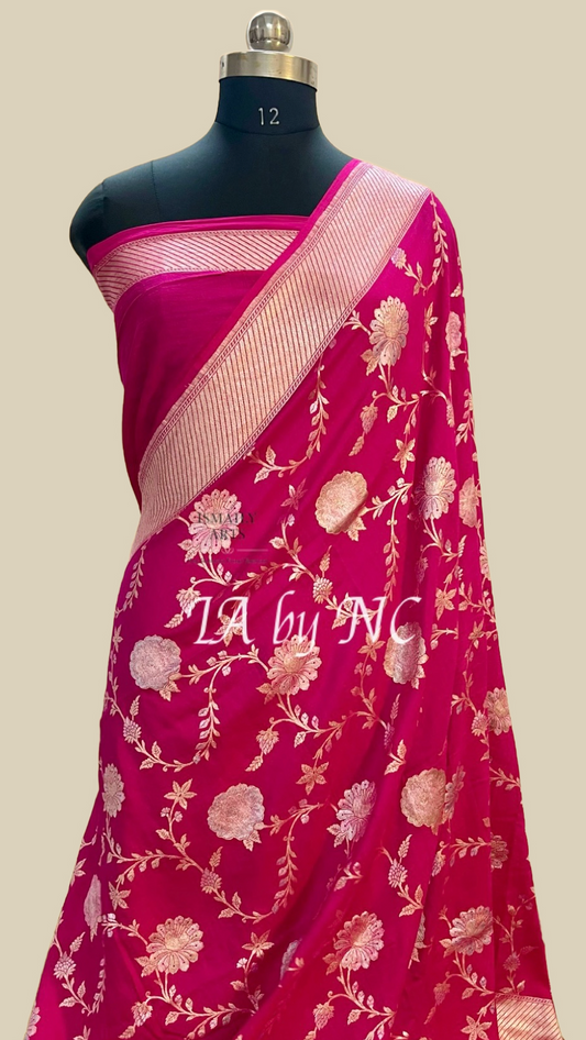 Cerise Banarasi Pure Munga Silk Saree