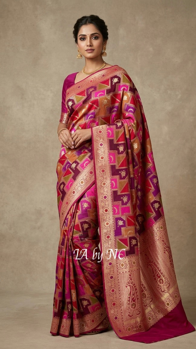Mulberry Banarasi Pure Katan Silk Tilfi Meenakari Rangkat Saree