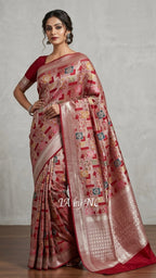 Carmine Banarasi Pure Khaddi Tussar Georgette Meenakari Saree