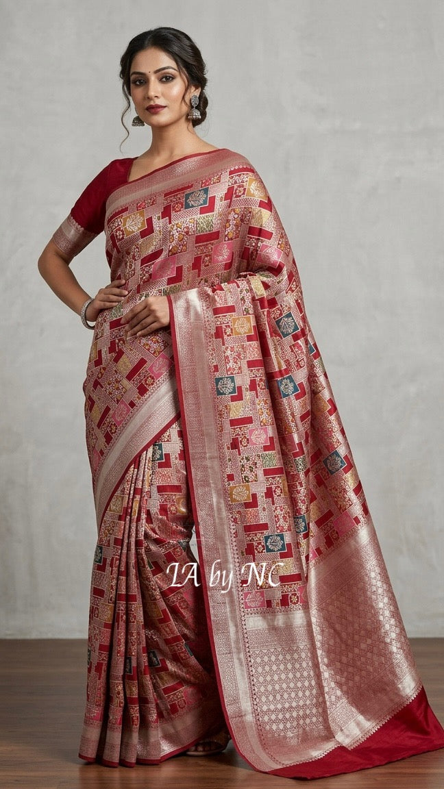 Carmine Banarasi Pure Khaddi Tussar Georgette Meenakari Saree