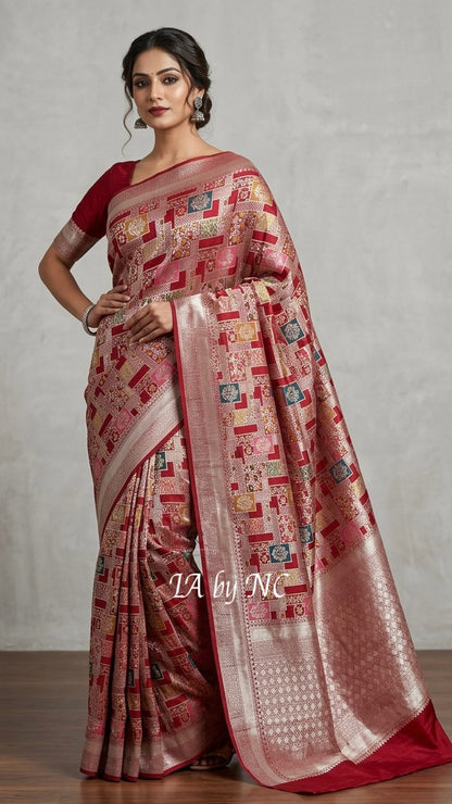 Carmine Banarasi Pure Khaddi Tussar Georgette Meenakari Saree