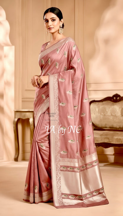 Salmon Banarasi Mashru Katan Silk Meenakari Saree