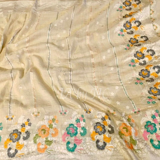 Beige Banarasi Pure Khaddi Tussar Georgette Paithani Saree