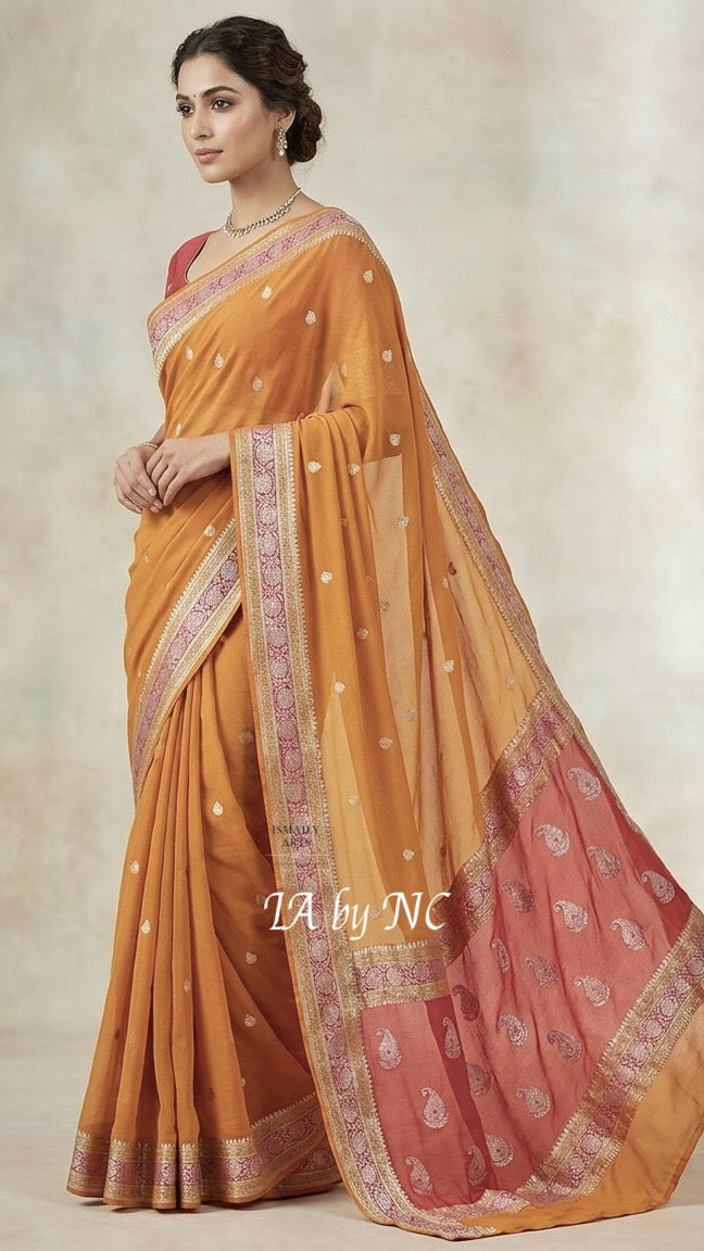 Ochre Banarasi Pure Khaddi Georgette Kadwa Saree