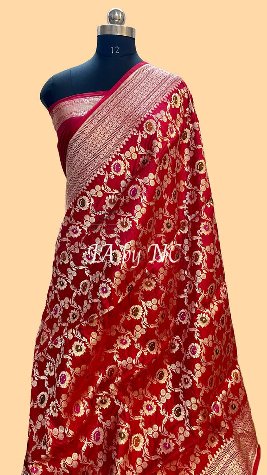 Carmine Banarasi Pure Katan Silk Meenakari Pattu Saree