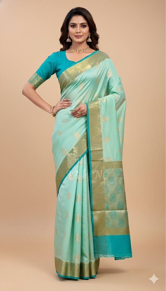 Turquoise Banarasi Pure Katan Silk Raw Mango Saree