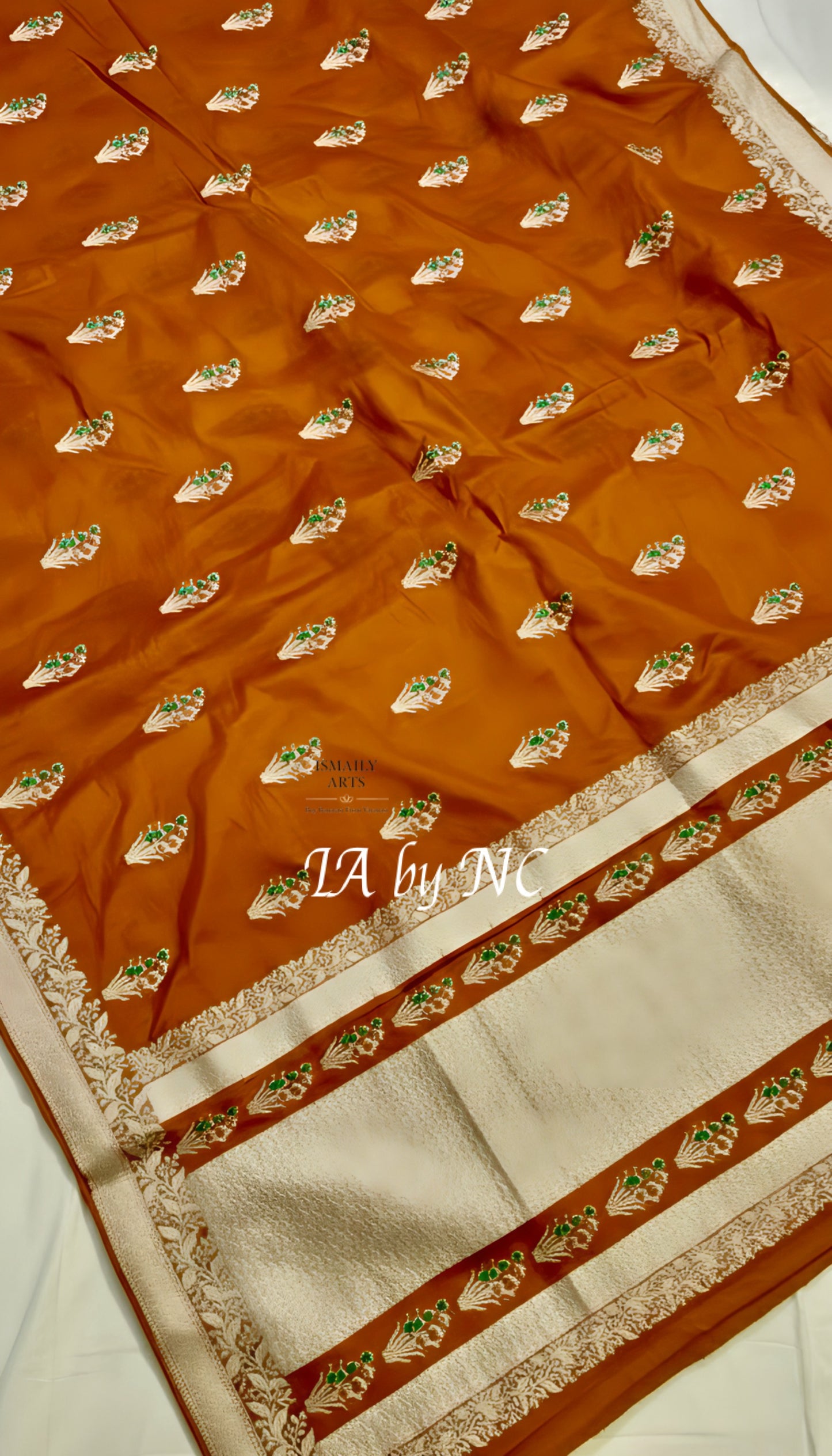 Ochre Banarasi Mashru Katan Silk Meenakari Saree