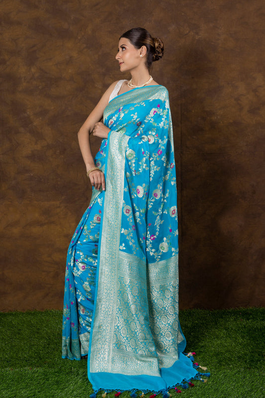 Azure Banarasi Pure Khaddi Georgette Meenakari Saree