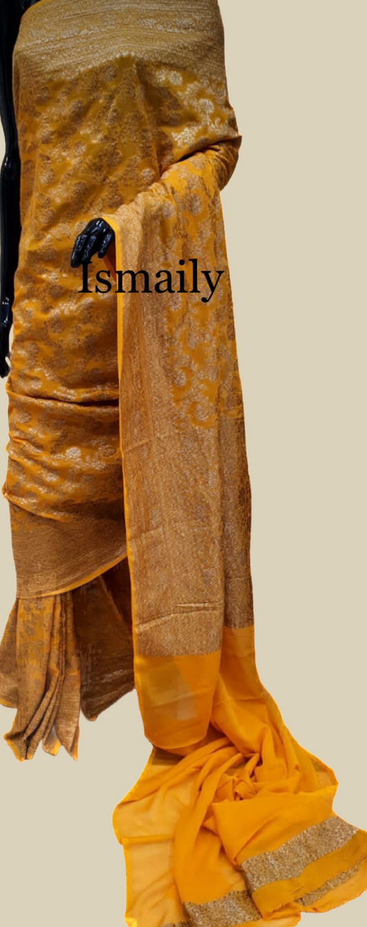 Tangerine Banarasi Pure Khaddi Georgette Saree