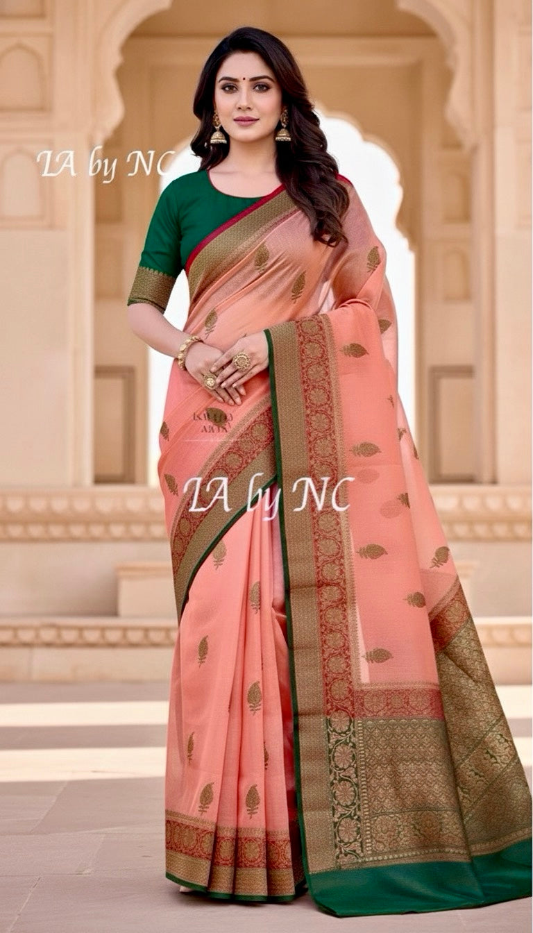 Salmon Banarasi Pure Kora Silk Kadwa Saree