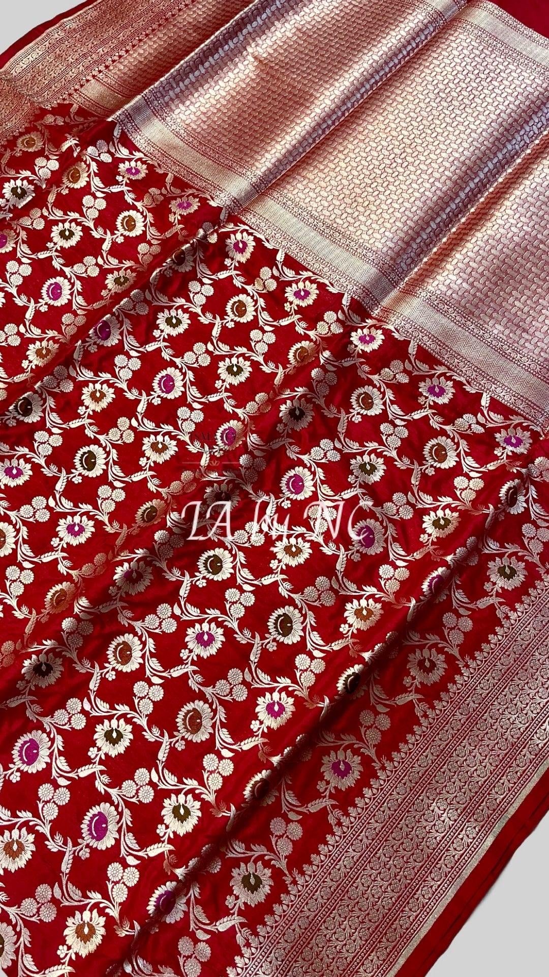Carmine Banarasi Pure Katan Silk Meenakari Pattu Saree