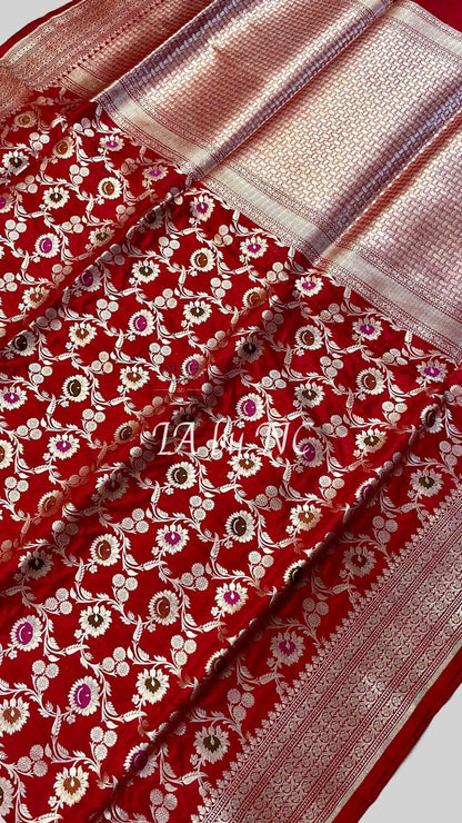 Carmine Banarasi Pure Katan Silk Meenakari Pattu Saree