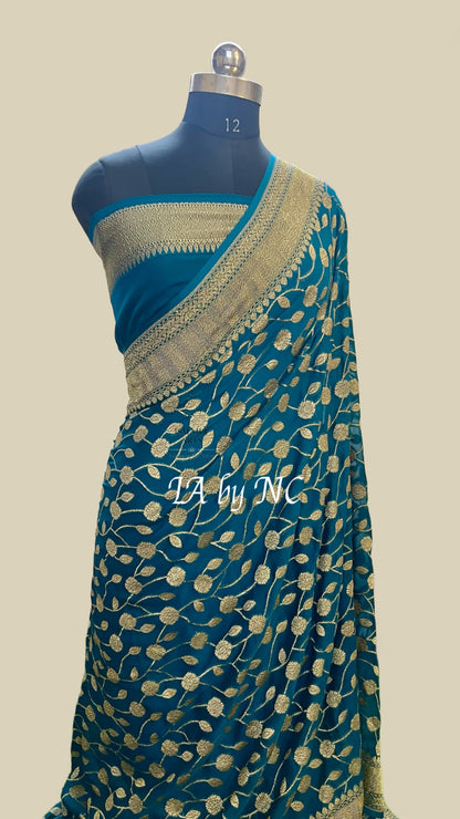 Turquoise Banarasi Pure Khaddi Georgette Saree