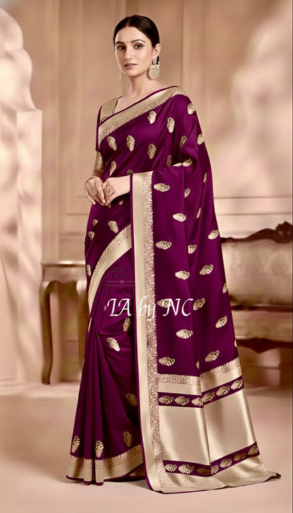 Eggplant Banarasi Mashru Katan Silk Meenakari Saree