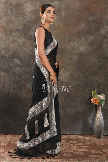 Black Banarasi Pure Khaddi Georgette Kadwa Saree