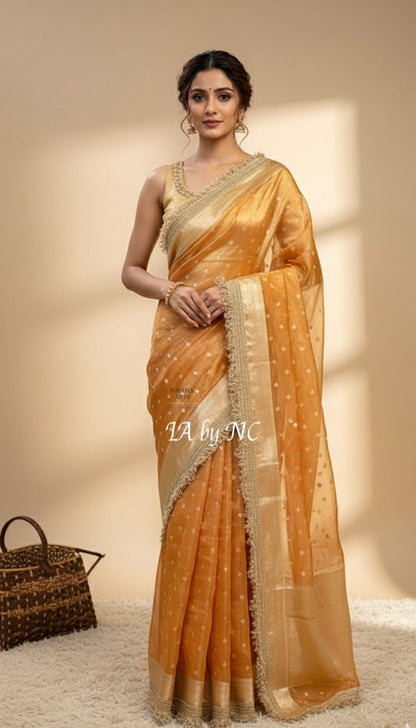 Tangerine Banarasi Pure Tissue Silk Saree
