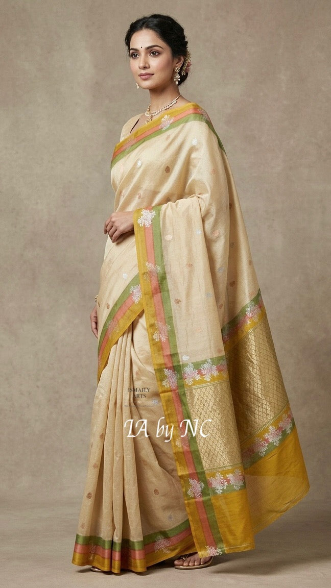 Beige Banarasi Pure Kora Silk Kadwa Saree