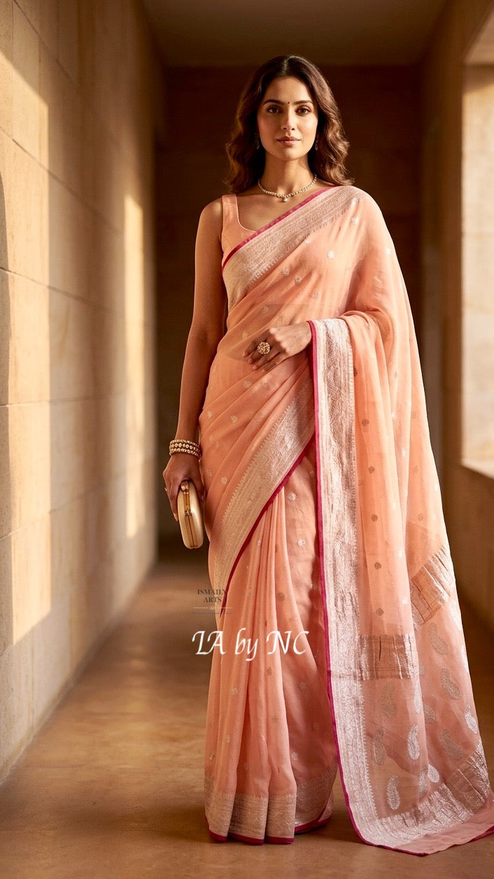 Peach Banarasi Pure Khaddi Georgette Kadwa Saree