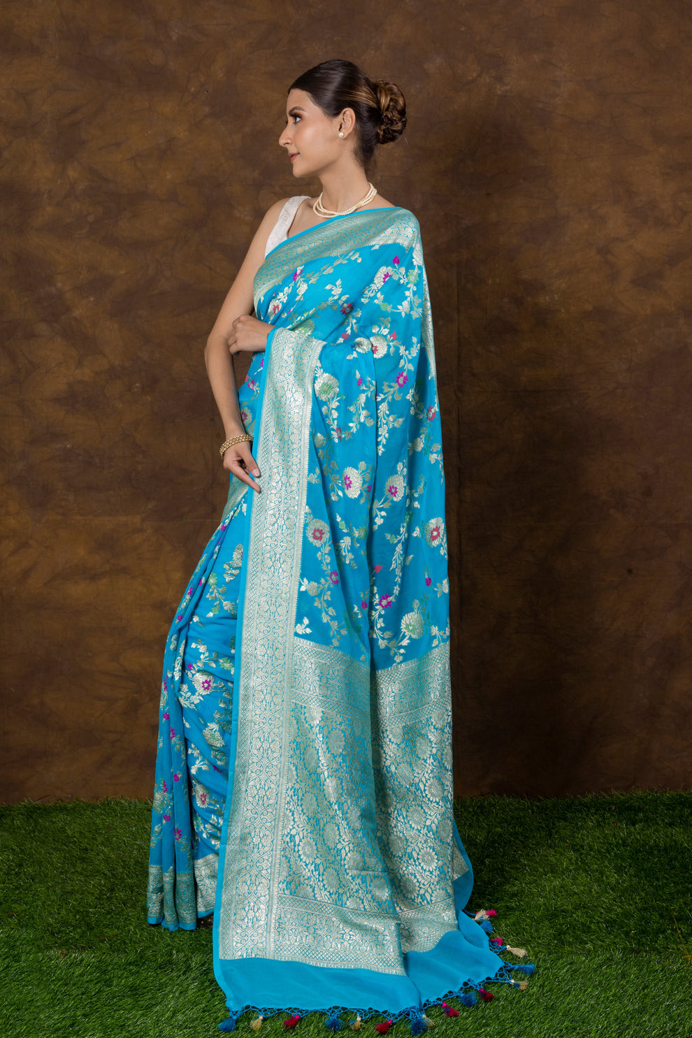 Azure Banarasi Pure Khaddi Georgette Meenakari Saree