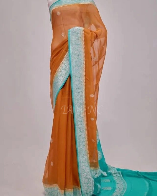 Rust Banarasi Pure Khaddi Georgette Kadwa Saree