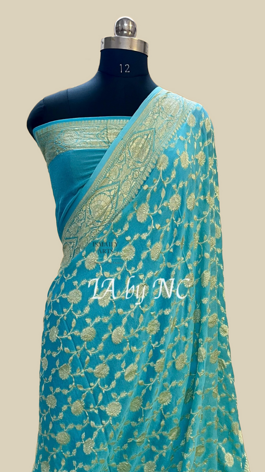 Aqua Banarasi Pure Khaddi Georgette Saree