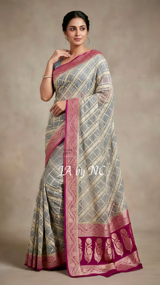 Pewter Banarasi Pure Chiffon Georgette Saree