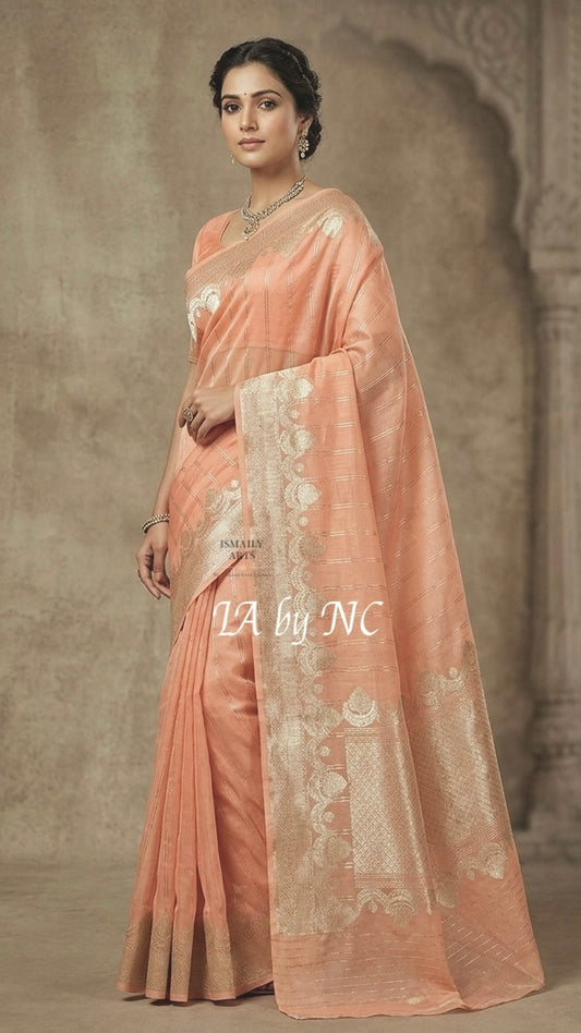 Peach Banarasi Pure Kora Organza Kadwa Saree