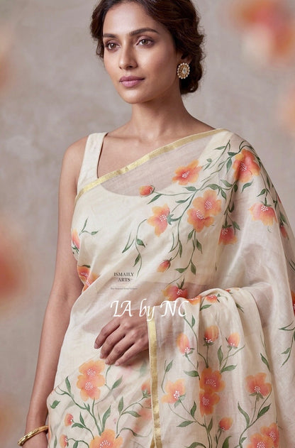 Beige Banarasi Pure Kora Organza Saree