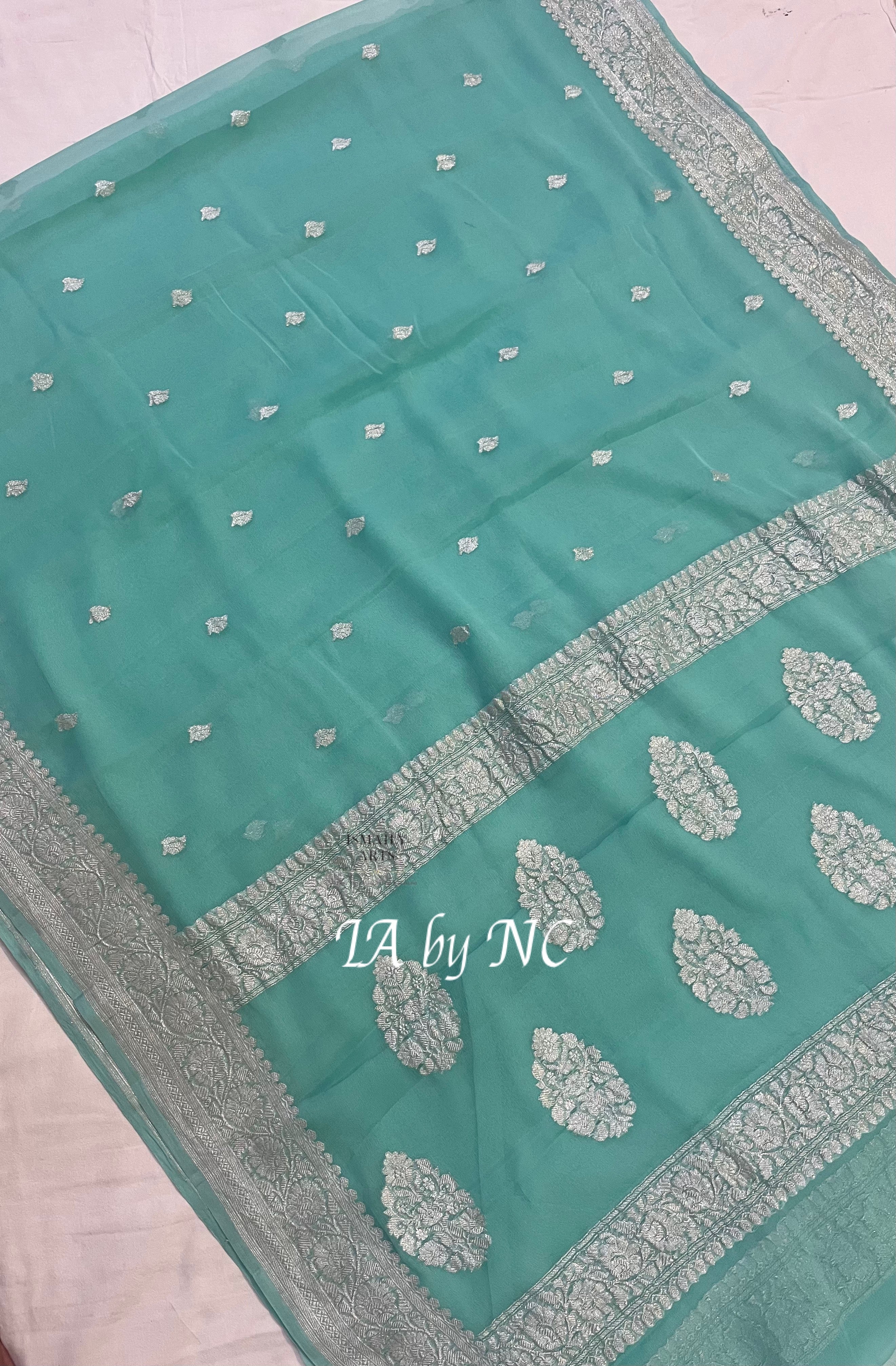 Turquoise Banarasi Pure Khaddi Georgette Kadwa Saree