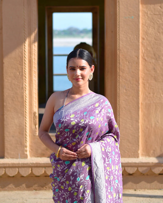Plum Banarasi Pure Khaddi Tussar Georgette Meenakari Saree