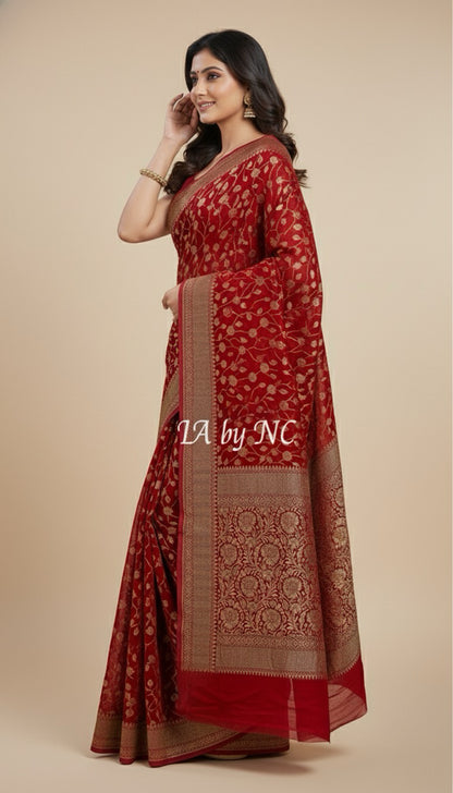 Carmine Banarasi Pure Khaddi Georgette Saree