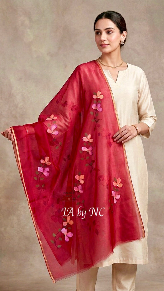 Carmine Banarasi Pure Kora Silk Dupatta