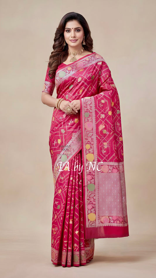 Strawberry Banarasi Pure Khaddi Tussar Georgette Meenakari Saree