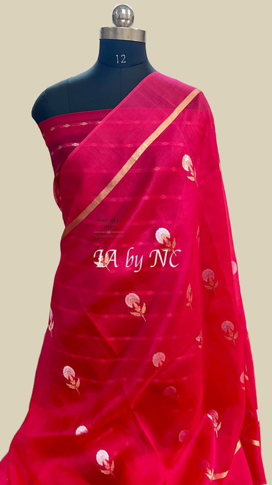 Cerise Banarasi Pure Kora Silk Saree